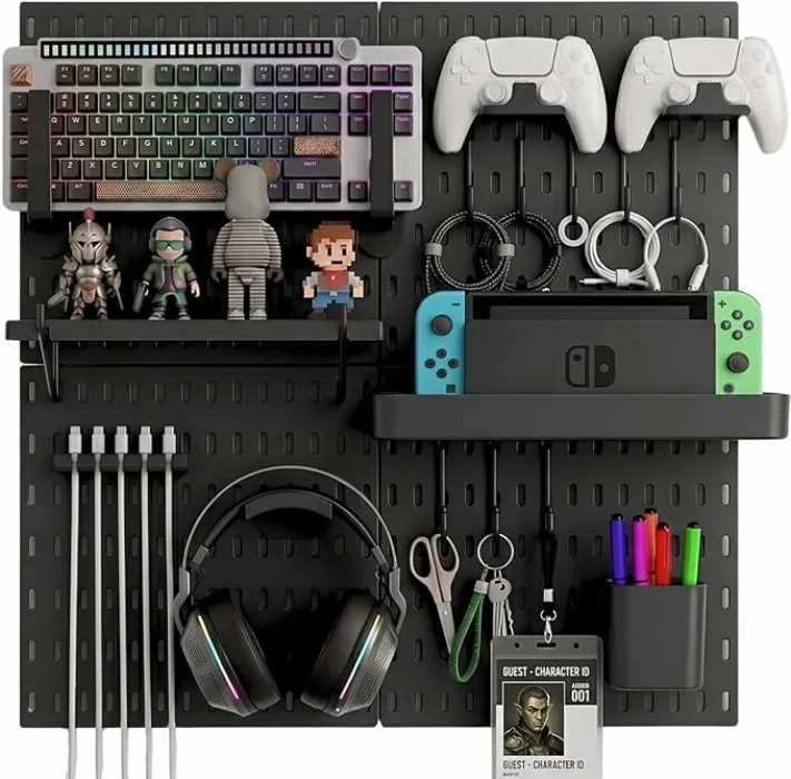 Keepo Pegboard Combination Kit, Pegboards and Accessories Modular Hanging for Gaming Setup, Gaming Station Peg Board, Gaming Organizer, Wall Game Controller Holder, Headset Stand (Black, 22″×22″) : Amazon.ie