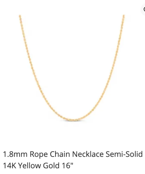 1.8mm Rope Chain Necklace Semi-Solid 14K Yellow Gold 16" | Kay