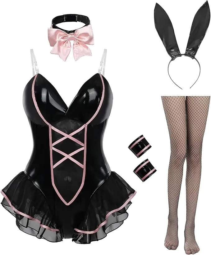 Black Pink Ruffles Bunny Suit