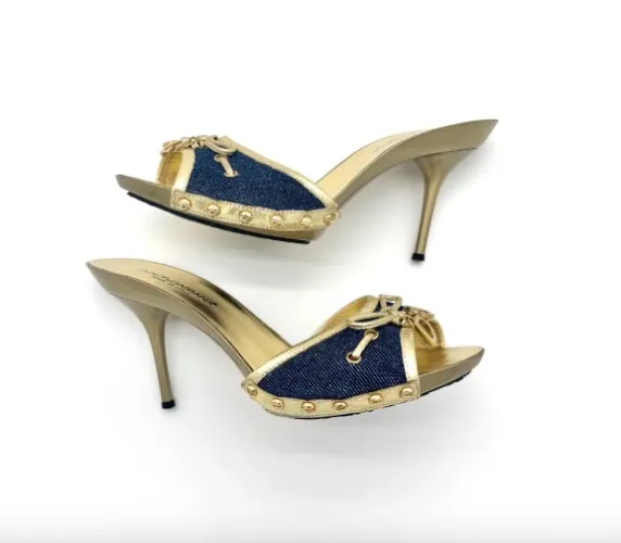 Dolce & Gabbana Retro Vintage DG Logo Charm Embellished Denim Mules Heels 37.5