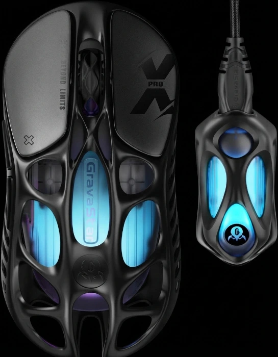 GravaStar Mercury X Pro Wireless Gaming Mouse, Come with 8K Dongle – 32,000 DPI PAW 3950 Sensor, 8,000Hz Polling Rate, Only 49g, Magnesium Alloy Hollow Frame, RGB Lighting, 5 Programmable Buttons - Black / Black