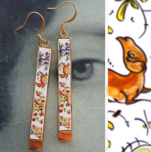 Portugal 17th Century Pottery Matchstick Castle BAR Reversible Stainless Steel Whimsical Earrings