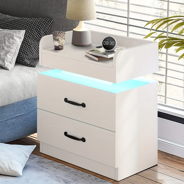 TEMU Aerotier Decor, 1pc & 2pcs Led Night Stand With Charging Station, 1pc & 2pcs Bedroom Nightstand With 2 Drawers, Led Side Table For Bedroom &