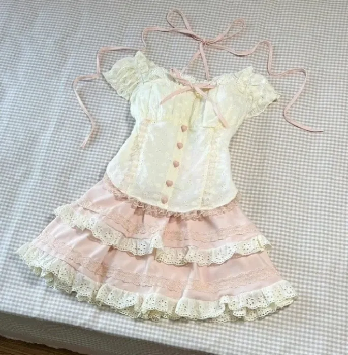  Sweet White Sleeveless Shirt+Cake Short Skirt 