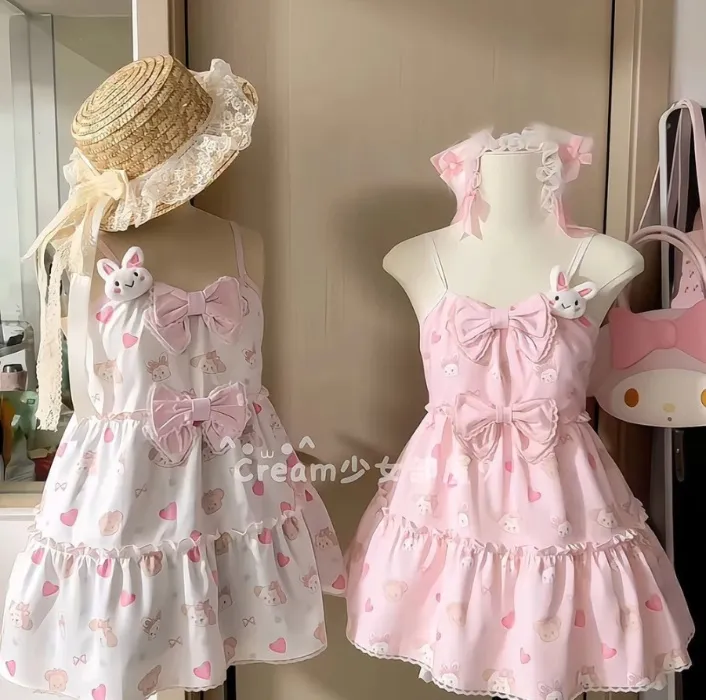 Cute Sweet Sling Dress Strawberry Bow Design Printed Skirt Summer 