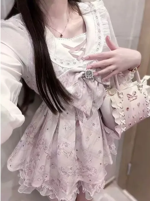 Cute Bow Dress Floral Navy Collar