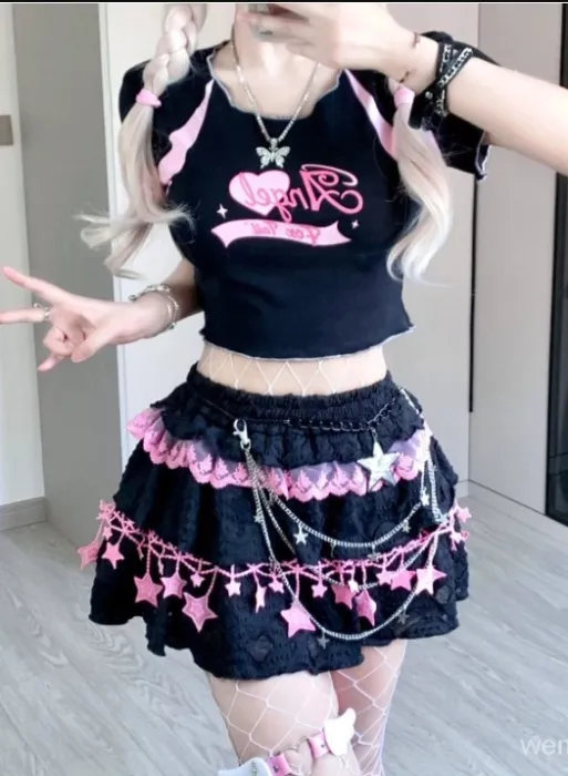 sweet cool y2k suit printed black pink