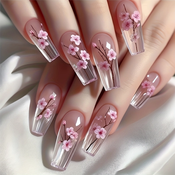 TEMU 24pcs New Ballet Nail With Chinese Wearable Nail With 2d Flower Nail Art, For Ladies And Only