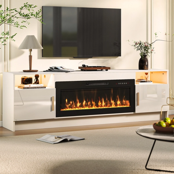 TEMU 70" Modern Fireplace Tv Stand With 36" Electric Fireplace For Tvs Up To 80 Inch, Luxury Led Light Entertainment Center With High Gloss Cabinet,