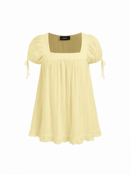 Cotton-blend Square Neck Ruffle Knotted Oversized Blouse Curve & Plus