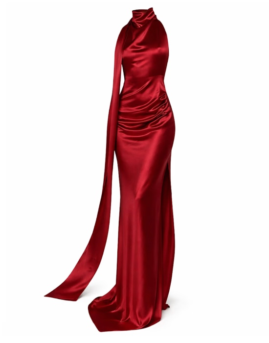 Muse Cowl Neck Open Back Gown- Red