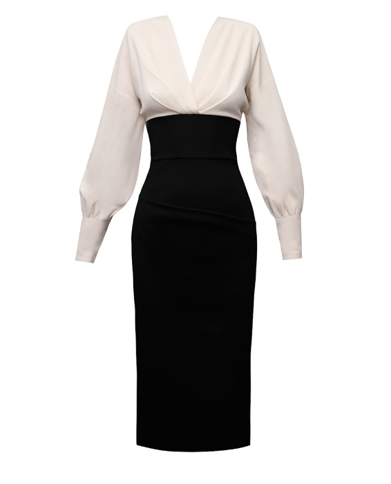 Lunaria Black & Beige Midi Cotton Dress With Fitted Waist And Pencil Skirt