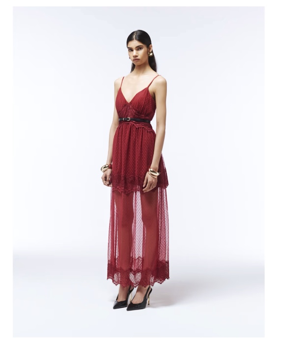 Sheer Dotted Lace Layered Maxi Dress In Burgundy Red
