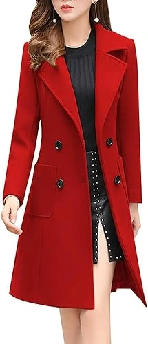 chouyatou Women Elegant Notched Collar Double Breasted Wool Blend Over Coat