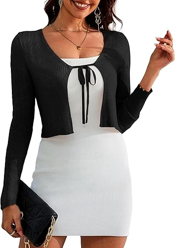 a.Jesdani Tie Front Long Sleeve Rib Knit Bolero