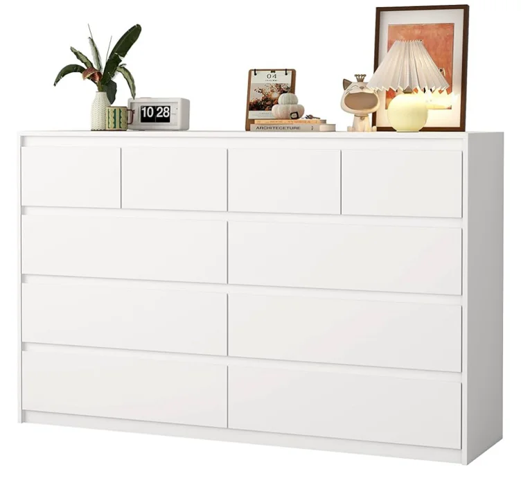 jiteentarou White Malm Dresser for Bedroom, 55" Wide 37" Tall Dresser with 10 Drawers, Modern Large Wood Chest of Drawer Handle Free, Living Room, Entryway, Hallway, White - White - 15.7"D x 55.1"W x 37.2"H (10 Drawers)