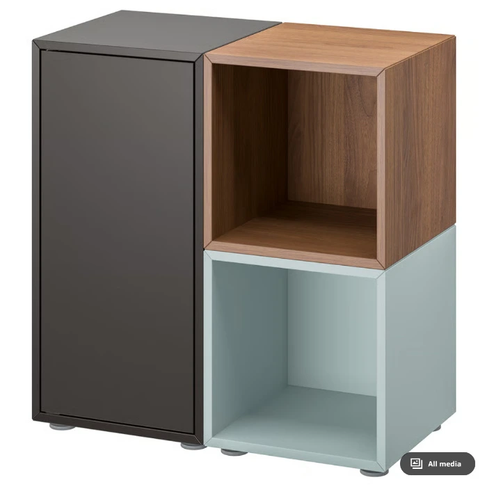 EKET Storage combination with feet - dark gray/walnut effect light gray-blue 27 1/2x13 3/4x28 3/8 "
