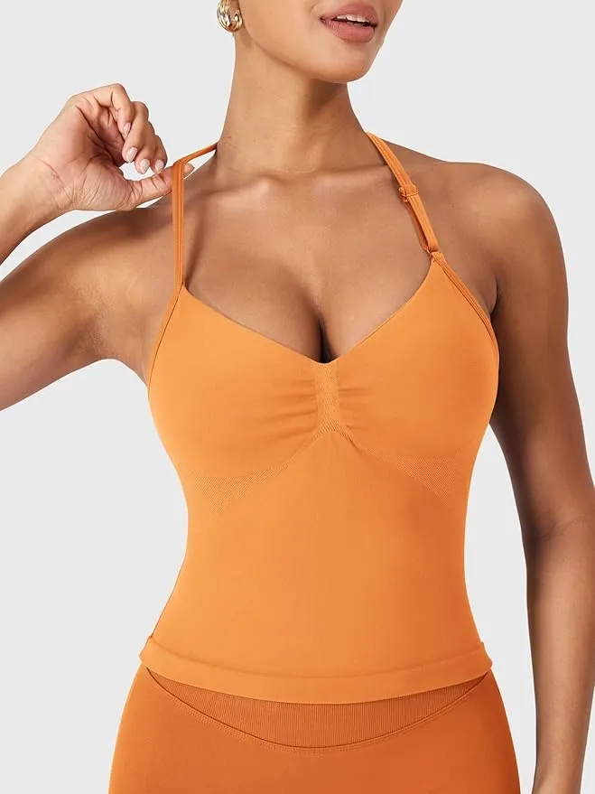 YEOREO SoftHue Impact Longline Strappy Top Women's Halter Workout Tank Tops Backless Gym Longline with Adjustable Strap - Tangerine - Small