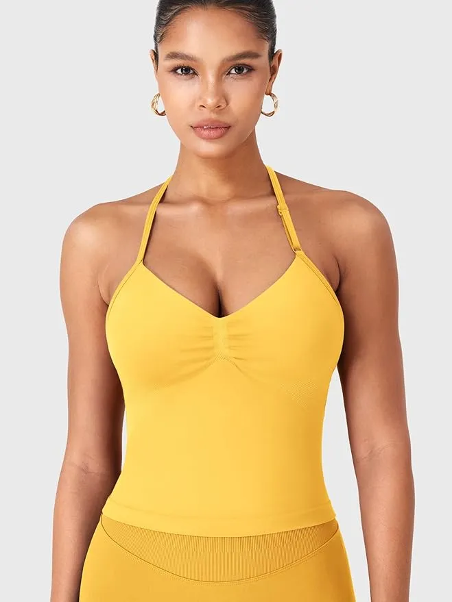 YEOREO SoftHue Impact Longline Strappy Top Women's Halter Workout Tank Tops Backless Gym Longline with Adjustable Strap - Yellow - Small