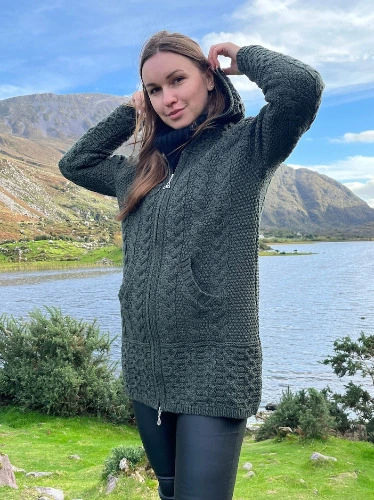 Irish Aran Long Hooded Cardigan With Pockets 