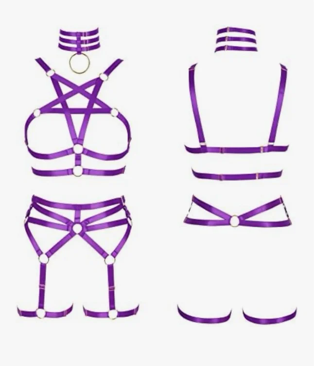 Vrouwen Body Harnas Pentagram BH Set Punk Kousenband Been Taille Dans Elastische Gothic Carnaval Accessoires / lila