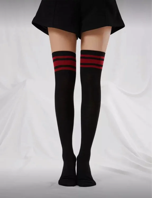 Thigh high socks with red stripe