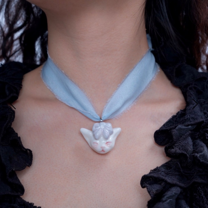 Angry Puss Baby Blue Silk Necklace Bowtie Cat