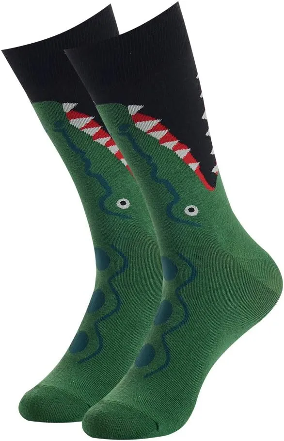 Men's Fun Dress Socks, Colorful Funky Socks for Men, Fancy Novelty Funny Patterned Casual Combed Cotton Office Socks,Mid Calf Cool Crazy Socks Unique & Striking Design - 6-11 1 Pair-Crocodile1