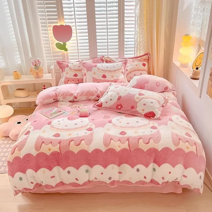 MorroMorn Pink Duvet Cover Queen, Cream Cake Kawaii Bedding Sets, Fluffy Comforter Covers Set, Down Alternative Blanket Ultra Soft Cute for Girls Kids Teen Women Full Double Size