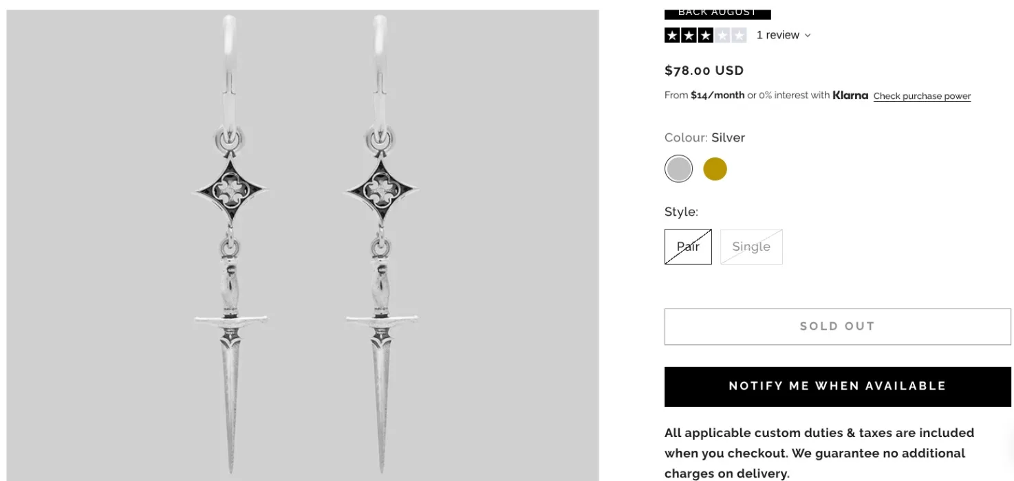 Regalrose "gothic dagger hoop earrings" 