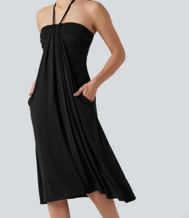 Halter Tie Back A-Line Midi Dress with Pockets