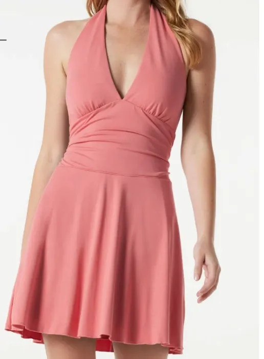 Deep V Neck Halter Built-in Bra Ruched Mini Casual Dress with Pockets