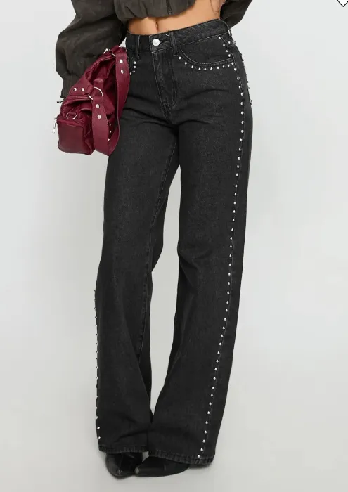  Saving Up Mid Rise Straight Leg Studded Jeans Jet Black | US 2 / Jet Black