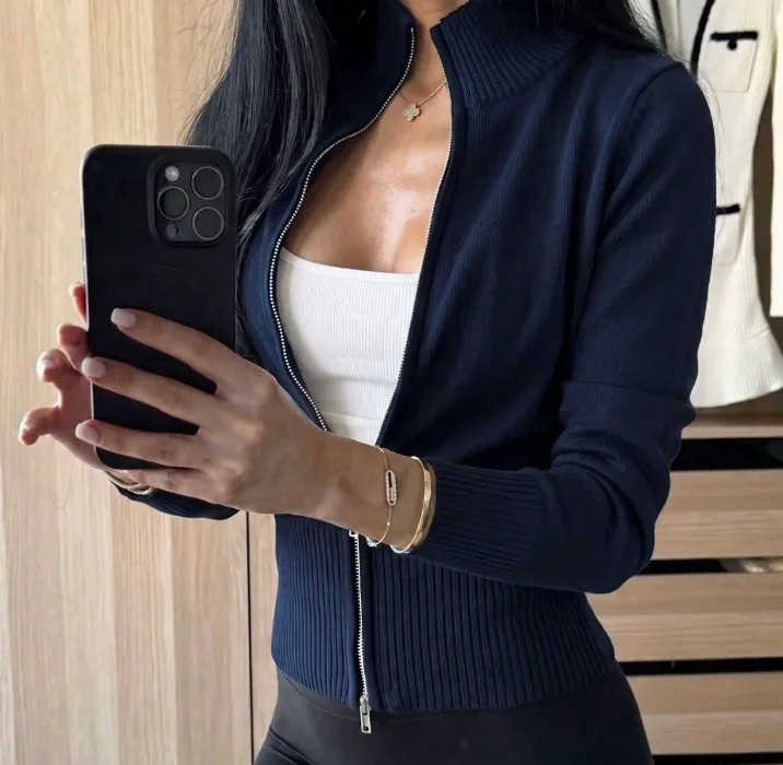 Women's Ribbed Knit Wool Cardigan - NAVY
