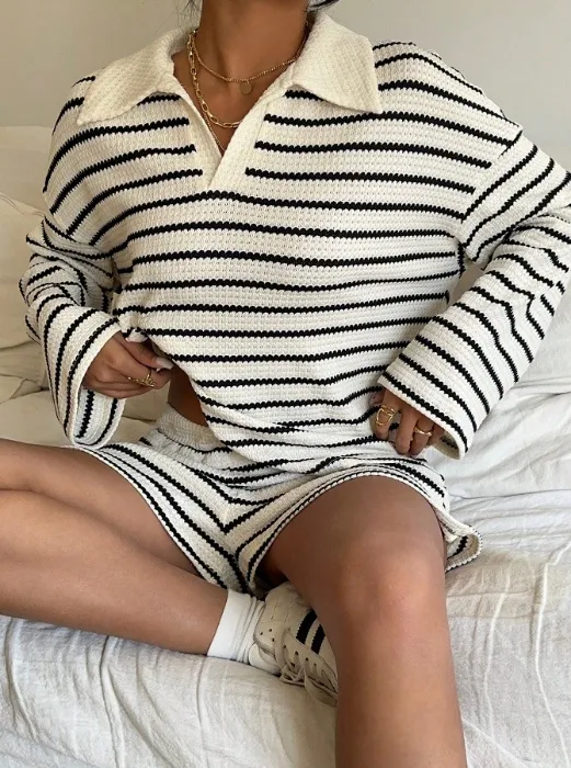Siren Gaze Women's striped lapel drop shoulder long sleeve T-shirt and shorts casual 2-piece set