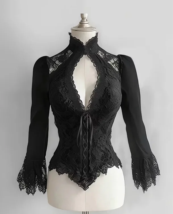 Women'S Spring/Summer Dress in Elegant And Graceful Gothic Style, with a Fitted Design, Lace Trimmings, a Sense of Transparency, And Bell-Shaped Sleeves
