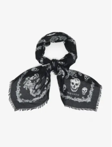 Alexander McQueen scarf (skull print in foulard, in white on black or purple on black)