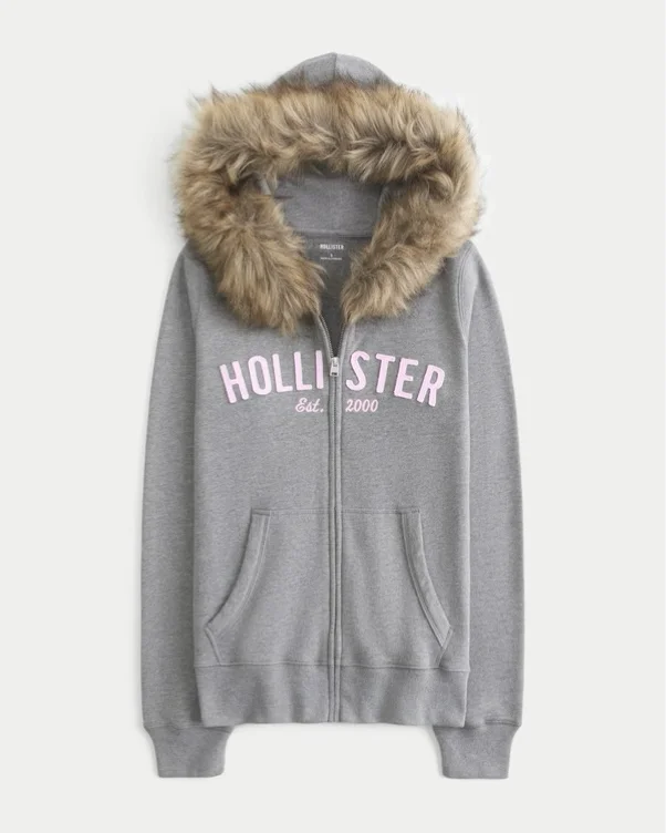 Grey And Pink Faux Fur Trim Zip-Up Hoodie