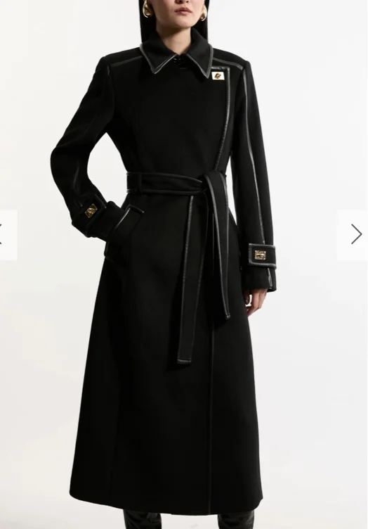 Brushed Wool Pu Trim Belted Tailored Double Breasted Midi Coat | Karen Millen