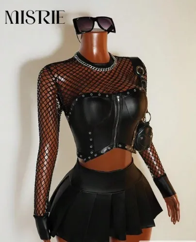 Mistrie Sexy sheer long-sleeved blouse set with metal eyelets and mini skirt.