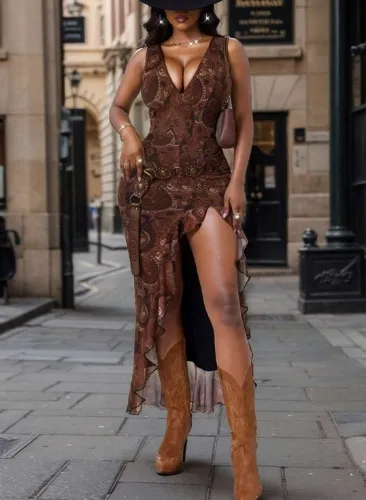 Y2K women's sexy dress with elegant retro asymmetrical V-neck for vacations and parties, featuring a double-layered lace print.