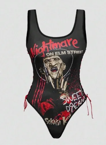 A Nightmare on Elm Street X ROMWE Sexy bodysuit with a print of letters and figures from horror movies.