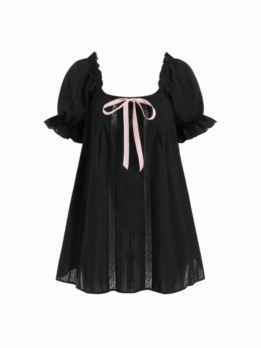 100% Cotton U-neckline Bowknot Lettuce Trim Puff Sleeve Mini Nightdress