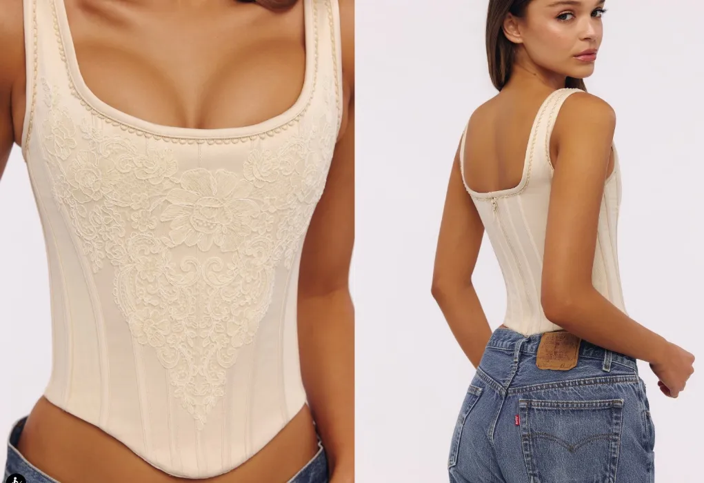 vintage ivory embroidered satin corset top