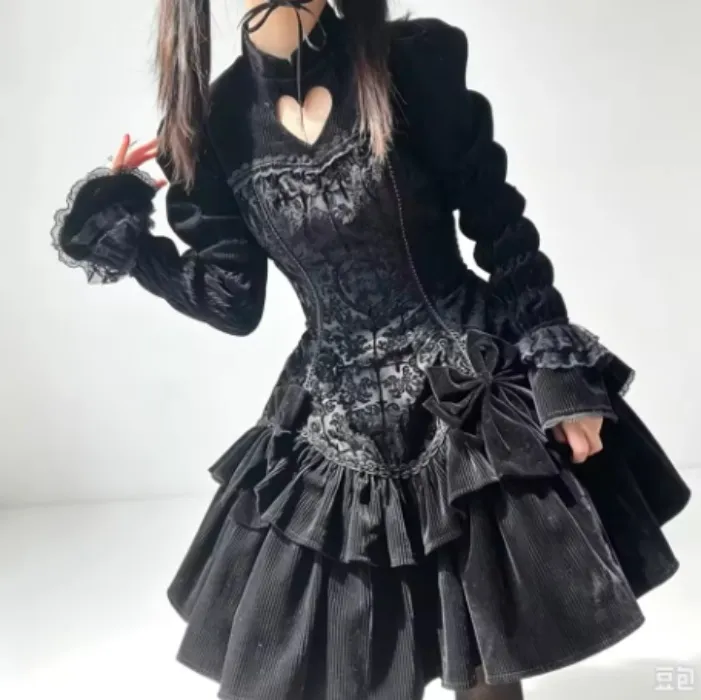 Dark Goth Lolita Dress Donna 2025 Autunno Nuovo Floccaggio Abito Classico Jacquard Ruffles Manica Lunga Lolita Dress Y2k Vestido