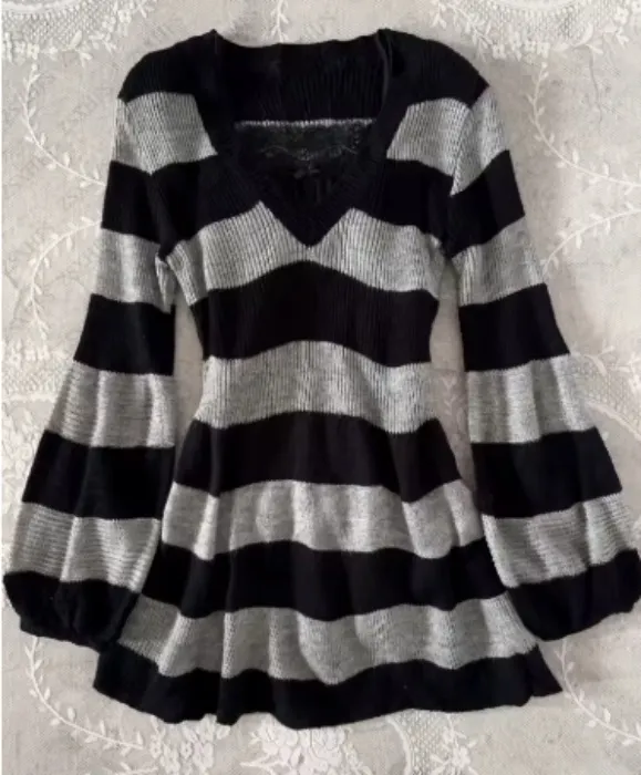 Maglione da Donna Vintage Anni '90, Abbigliamento Invernale in Maglia, Stile Goth Slim a Maniche Lunghe, Maglioni Chic Coreani a Righe, Cappotto Y2k, Pullover Punk alla Moda