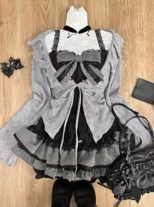 Sweet Lolita Abiti vintage da donna Cardigan con volant + Gilet corsetto sexy Y2k + Minigonne Set di abiti eleganti coreani autunnali in 3 pezzi