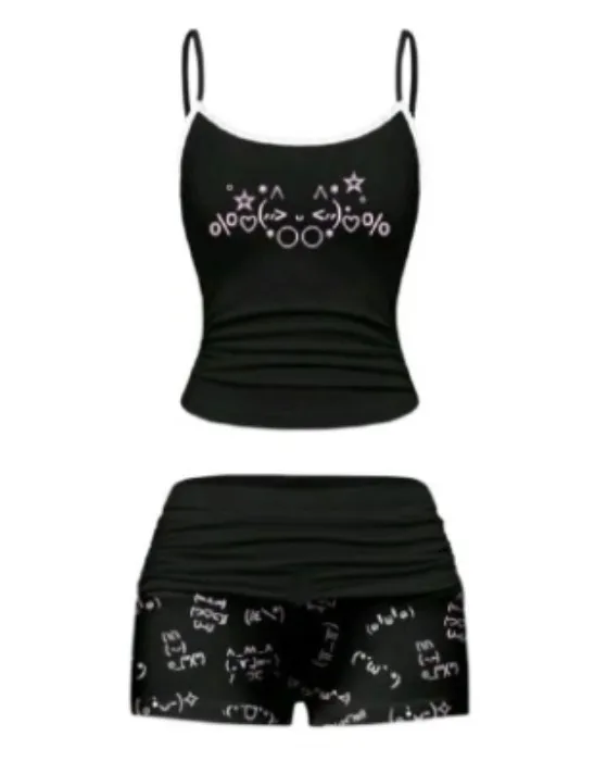 Set Pajamas Kawaii Kaomoji Y2K Woman