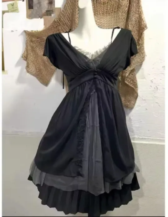Women's Vintage Gothic Lolita Dress, Black with Lace, Smocked Waist, Ruffled Hem, Fitted Mini Dress, Elegant Party Outfit