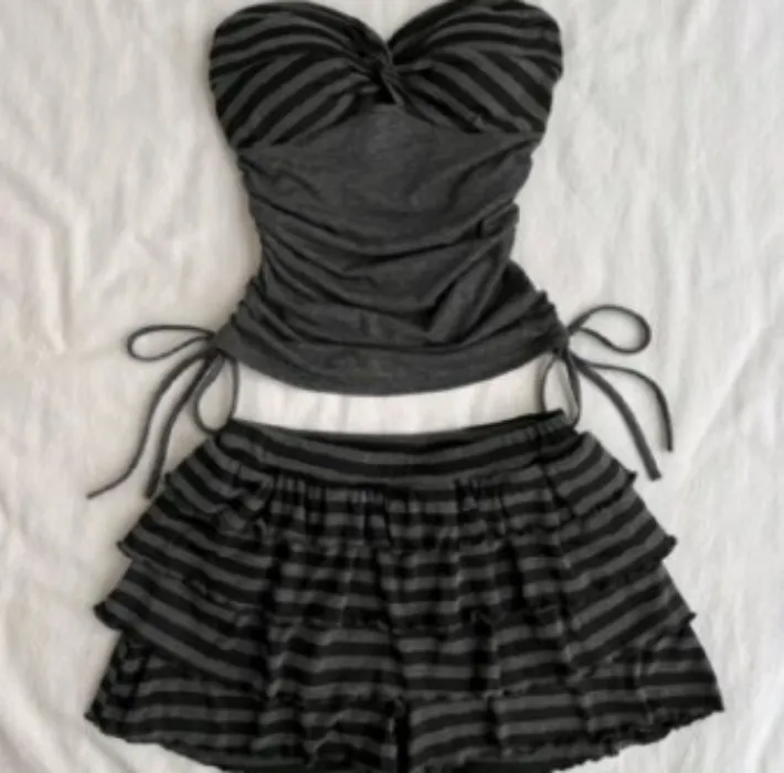 Attitoom Set Y2K Basic Bluse Patchwork and Bows Bandeau and Skort